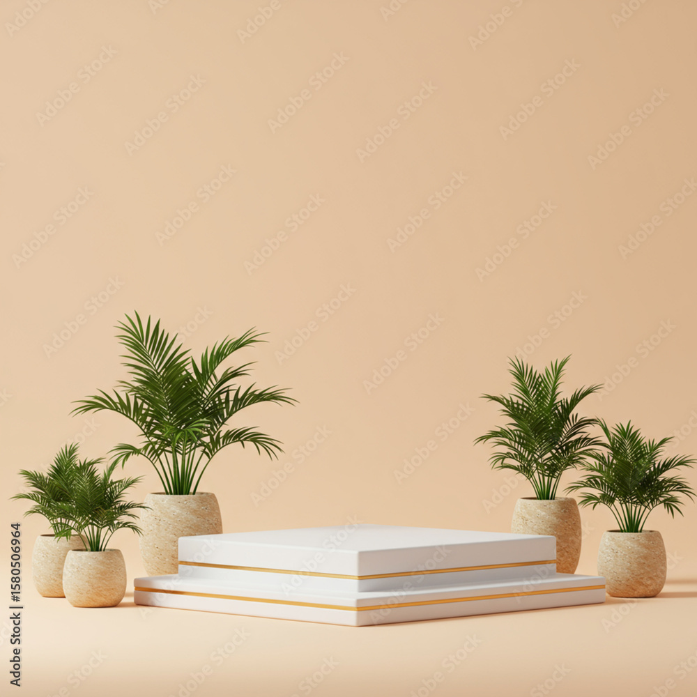Fototapeta premium Elegant Product Display: White Platform and Tropical Plants