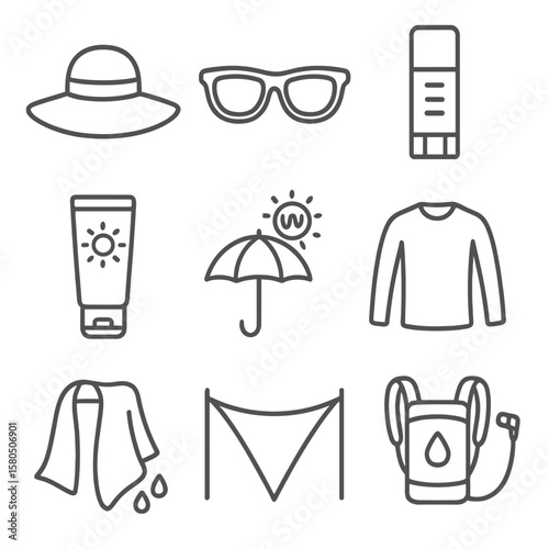 Sun Protection Icons. Line style icons of Sun Protection: wide-brim hat, sunglasses, SPF lip balm, sunscreen lotion, UV umbrella,