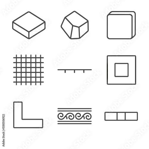 Mosaic Tessera Icons. Line style icons of Mosaic Floor Accents: glass tessera, stone tessera, metal tessera, porcelain tessera,