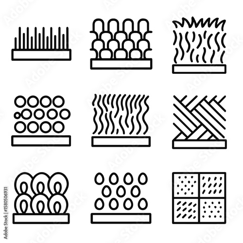 Carpet Texture Line Icons. Line style icons of Carpet Textures: cut pile carpet, loop pile carpet, berber carpet, shag carpet,