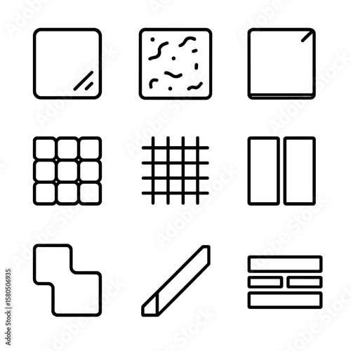 Mosaic Tessera Icons. Line style icons of Mosaic Floor Accents: glass tessera, stone tessera, metal tessera, porcelain tessera,