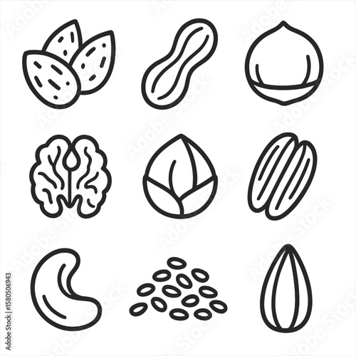 Nutty Line Icons. Line style icons of Nutty Earthy Flavors: almond cluster, peanut shell, hazelnut, walnut half, pistachio kernel,