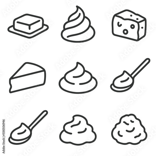 Creamy Dairy Icons. Line style icons of Creamy Dairy Flavors: butter pat, cream swirl, goat cheese chunk, brie wedge, yogurt