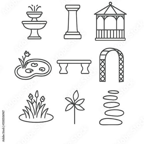 Landscape Architecture Icons. Outline style icons of Landscape Architecture Focal Features: garden fountain, sculpture pedestal,