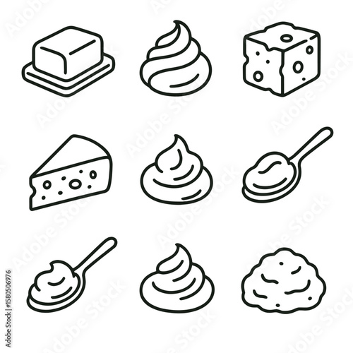 Creamy Dairy Icons. Line style icons of Creamy Dairy Flavors: butter pat, cream swirl, goat cheese chunk, brie wedge, yogurt