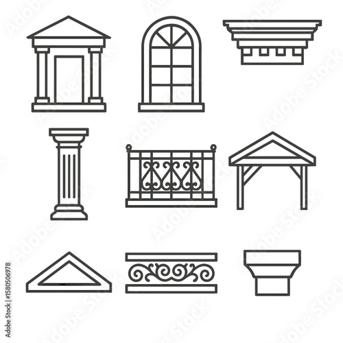 Architectural Facade Icons. Outline style icons of Architectural Facade Focal Features: portico entrance, arched window,