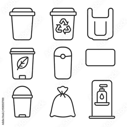 Waste Disposal Icons. Outline style icons of Fitting Room Waste & Recycling: trash bin, recycling bin, plastic bag holder, compost