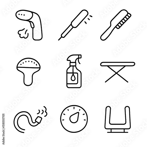 Garment Care Icons. Outline style icons of Fitting Room Garment Care: steamer iron, steam wand, garment brush, lint remover,