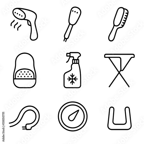 Garment Care Icons. Outline style icons of Fitting Room Garment Care: steamer iron, steam wand, garment brush, lint remover,