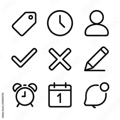 Appointment Icons Set. Outline style icons of appointment booking slots: reservation tag, time block, user silhouette, check mark,