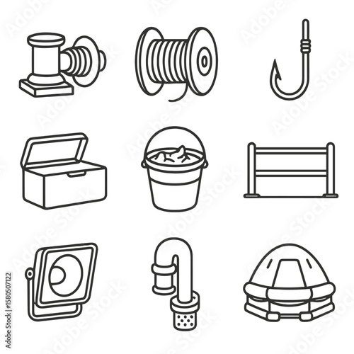 Deep-Sea Longliner Icons. Outline style icons of Deep-Sea Longliners: deck winch, line spool, branch line hook, bait box, chum