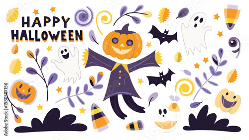 A festive halloween scene with ghosts, pumpkins, bats, and candy corn decorations spread around