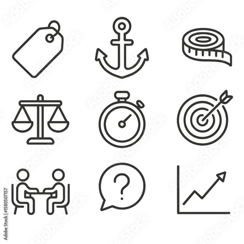 Anchoring Tactic Icons. Outline style icons of Anchoring Tactic: initial price tag, heavy anchor, measuring tape, scale balance,