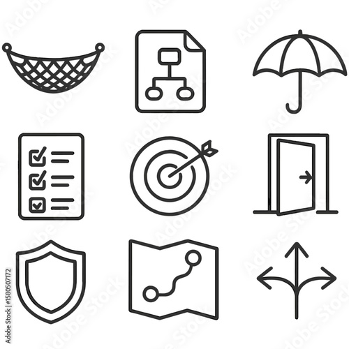 Outline BATNA Icons. Outline style icons of BATNA Development: safety net icon, backup plan sheet, umbrella, exit door, checklist,