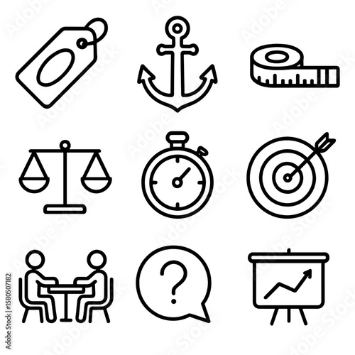 Anchoring Tactic Icons. Outline style icons of Anchoring Tactic: initial price tag, heavy anchor, measuring tape, scale balance,