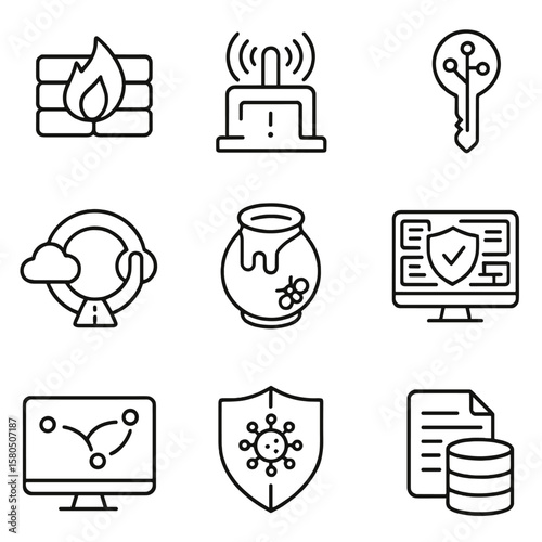 Cyber Defense Icons. Outline style icons of Cyber Defense Tools: firewall server, intrusion detection sensor, encryption key, VPN