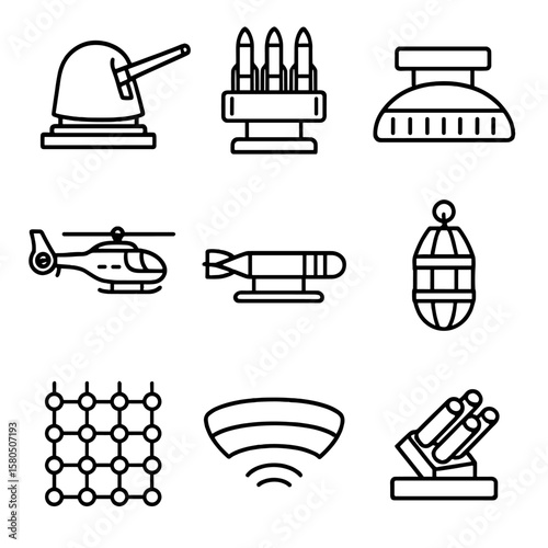 Naval Defense Icons. Outline style icons of Naval Defense Systems: CIWS gun mount, missile silo, sonar dome, ASW helicopter,