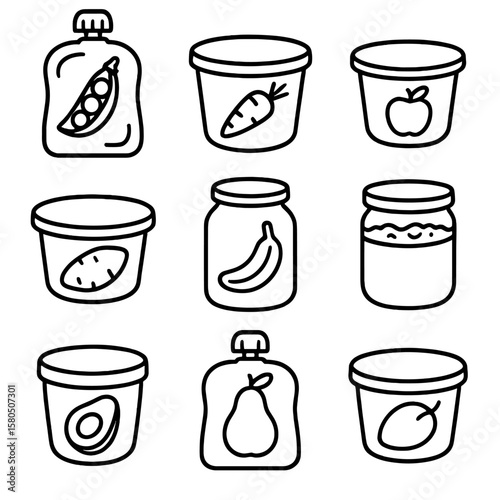 Organic Baby Food Icons. Outline style icons of Organic Baby Food: pureed pea pouch silhouette, carrot puree tub silhouette, apple