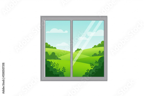View of green meadows from a window with clouds, a tranquil landscape graphic perfect for designs needing a fresh and natural element.