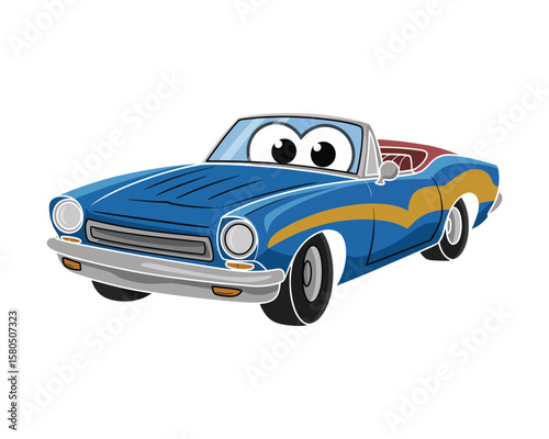 Cute animated classic convertible in metallic blue with whitewall tires, expressive face, red interior, and 60s muscle car style