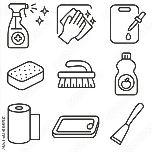 Countertop Sanitization Icons. Outline style icons of Countertop Sanitization: spray disinfectant, antibacterial wipe, cutting