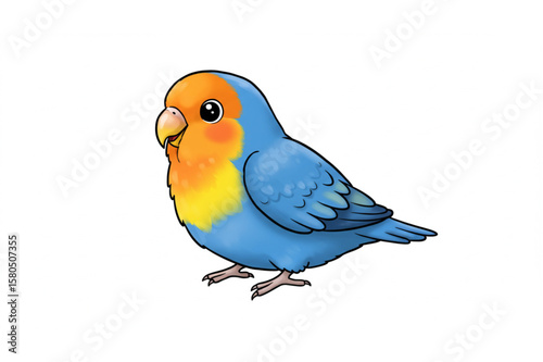 Charming cartoon graphic featuring a small, brightly colored lovebird, perfect for children's designs or cheerful animal themes.