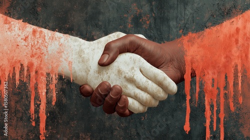 a handshake of a white and a brown hand against a violent background 