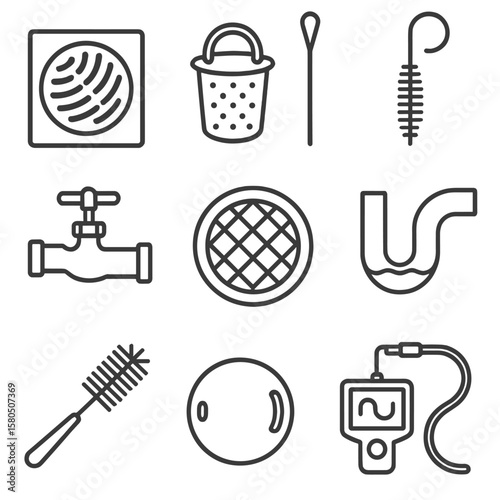 Factory Drain Icons. Outline style icons of Factory Floor Drains: drain grate, strain basket, drain cleaning rod, trap seal primer