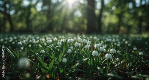 Field of snowdrop flowers in a forest with sunlight shining through the trees in the background