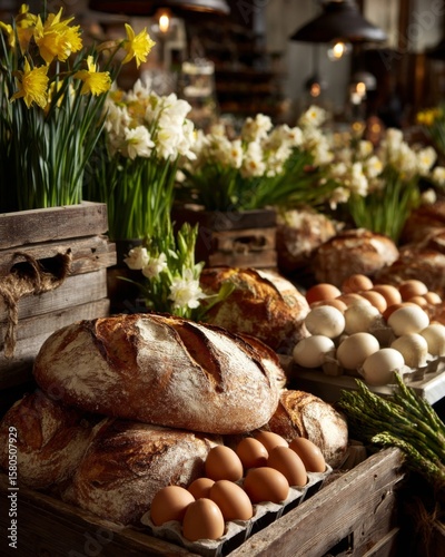 Rustic Still Life of Bread, Eggs and Daffodils