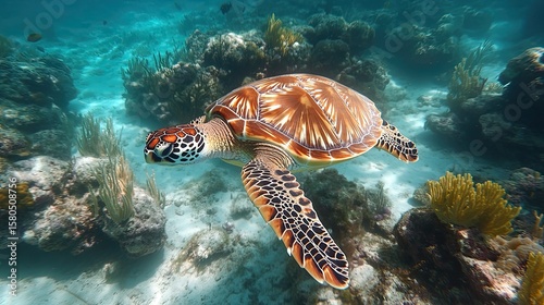 Graceful sea turtle swimming in clear blue ocean, surrounded by colorful coral reefs, showcasing marine beauty. 