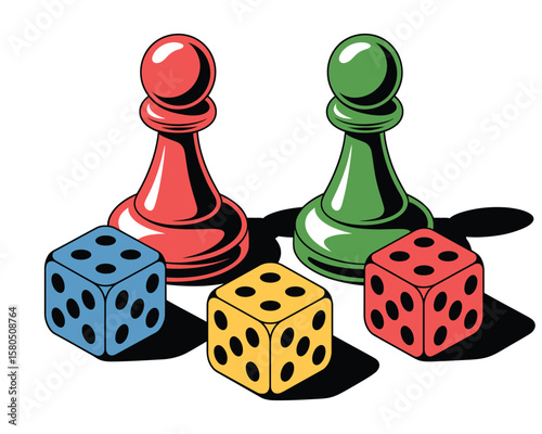 Flat vector art of stylized board game pawns and multicolored dice with bold outlines on a white background, ideal for tabletop gaming, kids’ books, or playful game-themed graphics