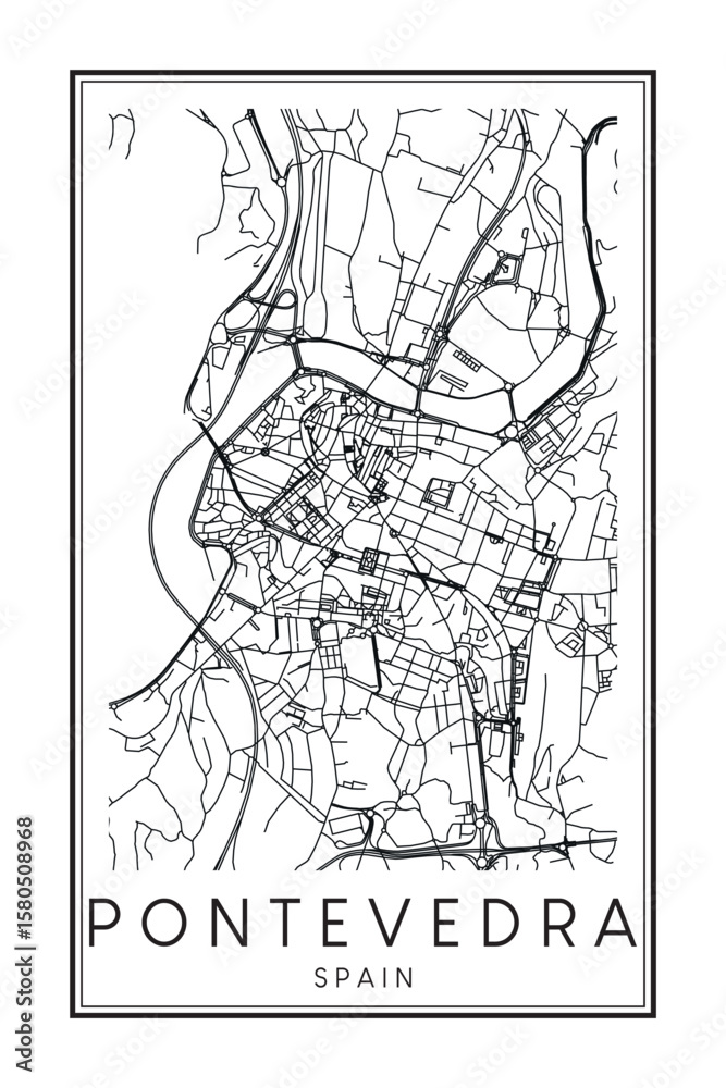 Obraz premium Hand drawn printable downtown road map poster of the Spanish city of PONTEVEDRA on solid white background with city name