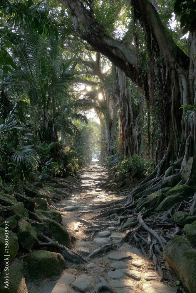 Fototapeta premium Sunlit Path Through Lush Tropical Forest