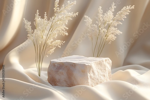 Stone podium with delicate white floral accents on draped silk f