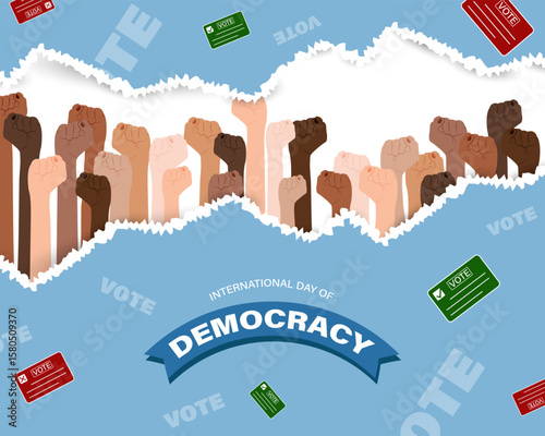 Illustration for International Day of Democracy showing raised fists, vote text, ballot slips, and torn paper background. Perfect for civic awareness, unity, and empowerment themes.