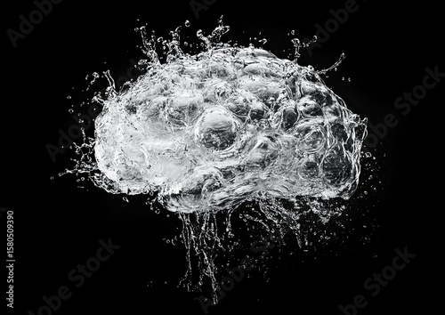 A digital brain made of water splashes, on a black background