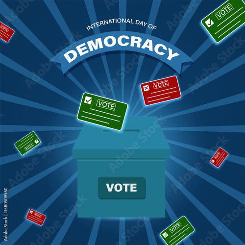 Bold design for Democracy Day featuring vote cards and ballot box, promoting citizen participation, transparency, and democratic awareness worldwide.