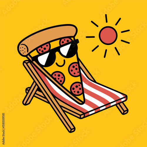 Funny Pizza Slice Relaxing on Beach Chair Cartoon Illustration