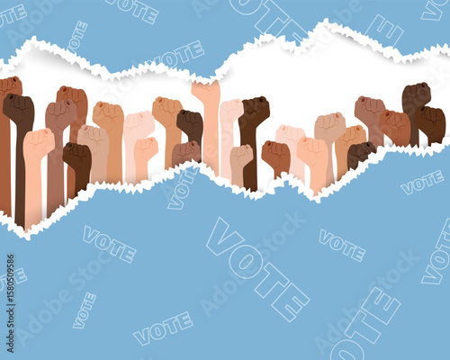 Celebrate democracy with raised fists, “VOTE” text, and ballot slips. Torn edge adds a grunge, powerful tone to this civic rights and activism design for awareness campaigns.