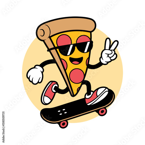 Cool Pizza Slice Skateboarding Cartoon Illustration