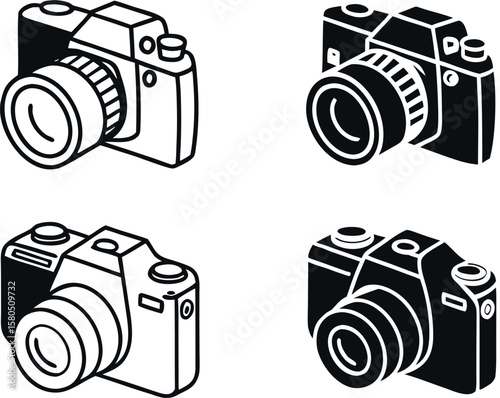 A detailed set of vector silhouette vintage and retro-style cameras, beautifully crafted in vector illustration, perfect for design projects, branding, and creative photography-related artwork.