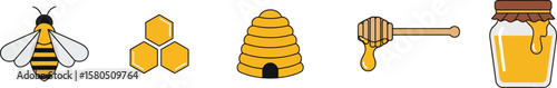 Honey Bee, Hive, Comb, Dipper & Jar Vector Icon Set: Natural Sweet Product, Apiculture, Beekeeping Elements, Organic Food, Golden Nectar Collection.