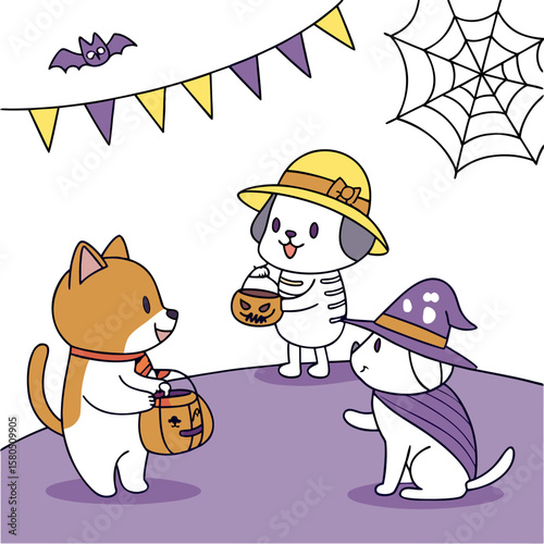 Cute cartoon dogs and cat dressed in halloween costumes with candy buckets and decorations like bats bunting and spiderwebs for trick or treating