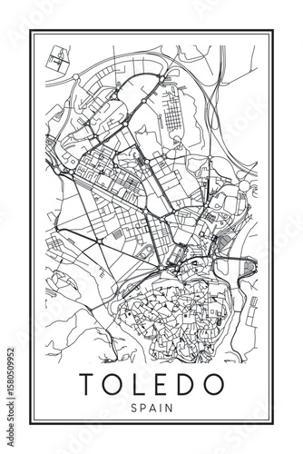 Hand drawn printable downtown road map poster of the Spanish city of TOLEDO on solid white background with city name