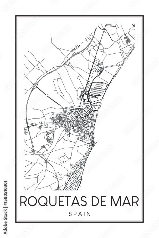 Obraz premium Hand drawn printable downtown road map poster of the Spanish city of ROQUETAS DE MAR on solid white background with city name