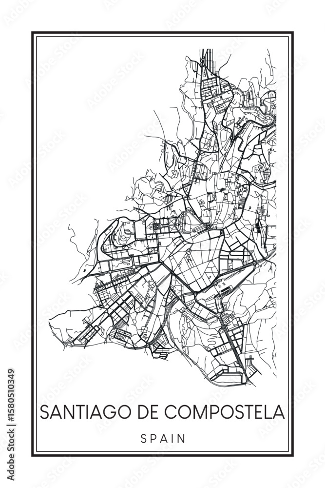 Obraz premium Hand drawn printable downtown road map poster of the Spanish city of SANTIAGO DE COMPOSTELA on solid white background with city name