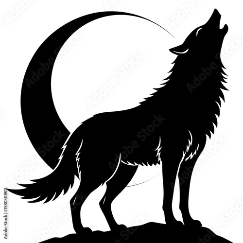 Black wolf howling at a crescent moon on a rocky outcrop silhouette