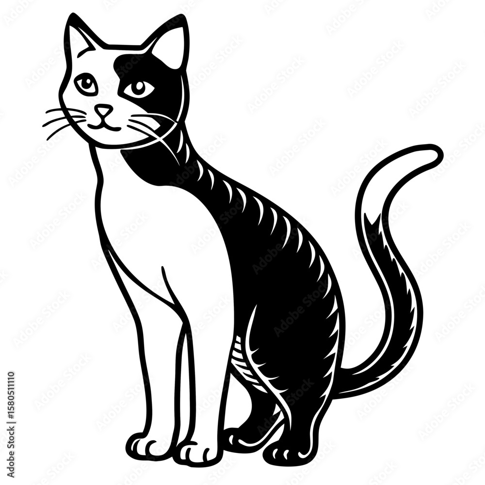 Obraz premium A charming black and white cat sitting elegantly with a playful expression silhouette