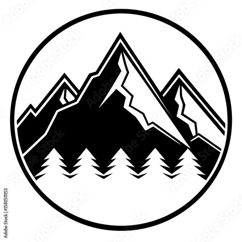 Circular mountain range with pine trees in a bold graphic silhouette